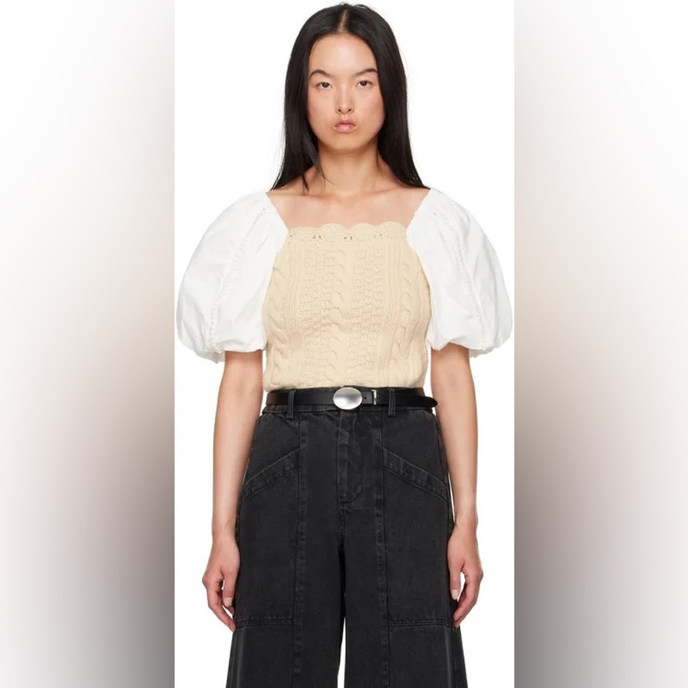 Sea New York Sweater Beige and White Puff Sleeve Crop Top NWT